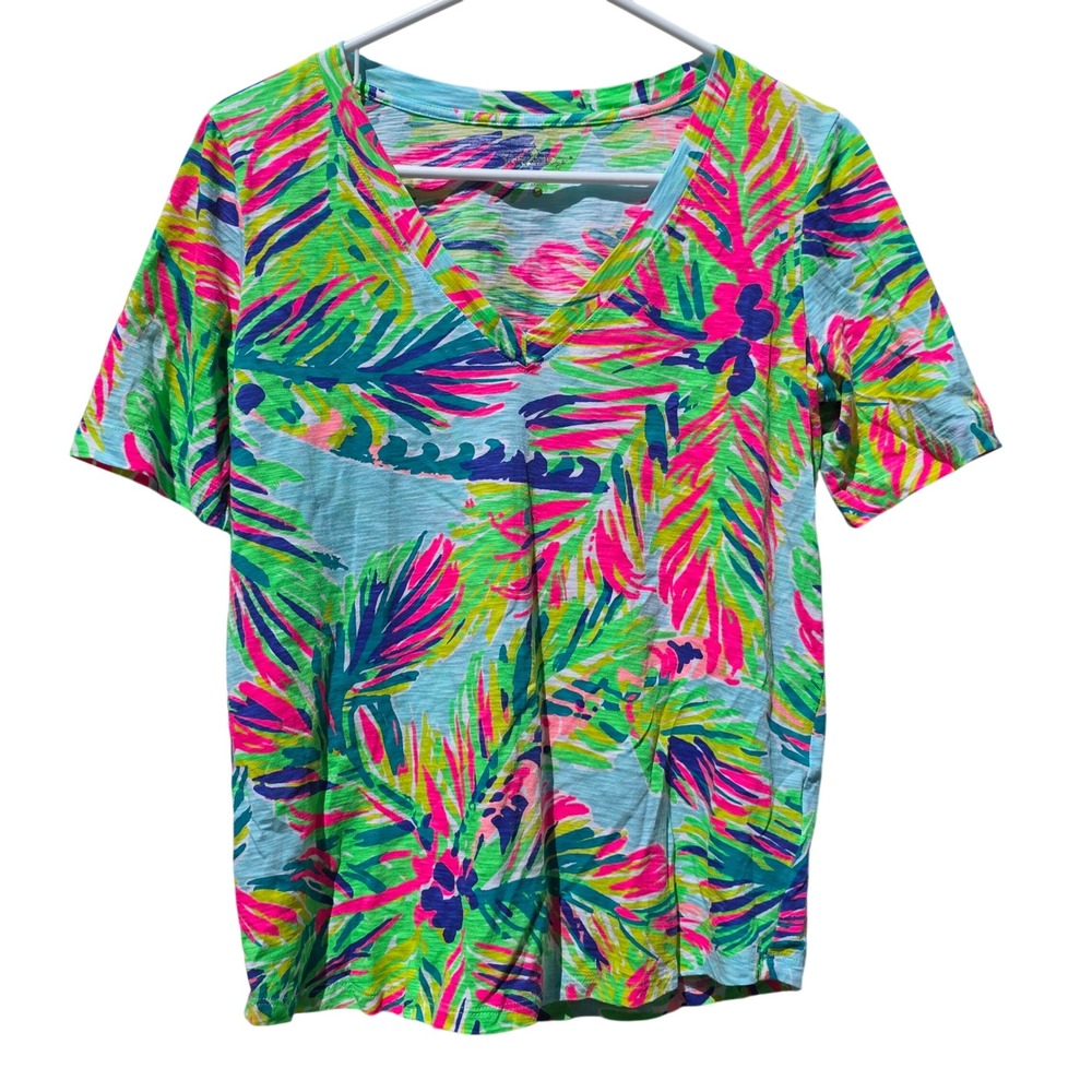 Lilly Pulitzer Etta V-Neck T-Shirt Womens Small Tropical Palm Leaf Cotton Slub‎